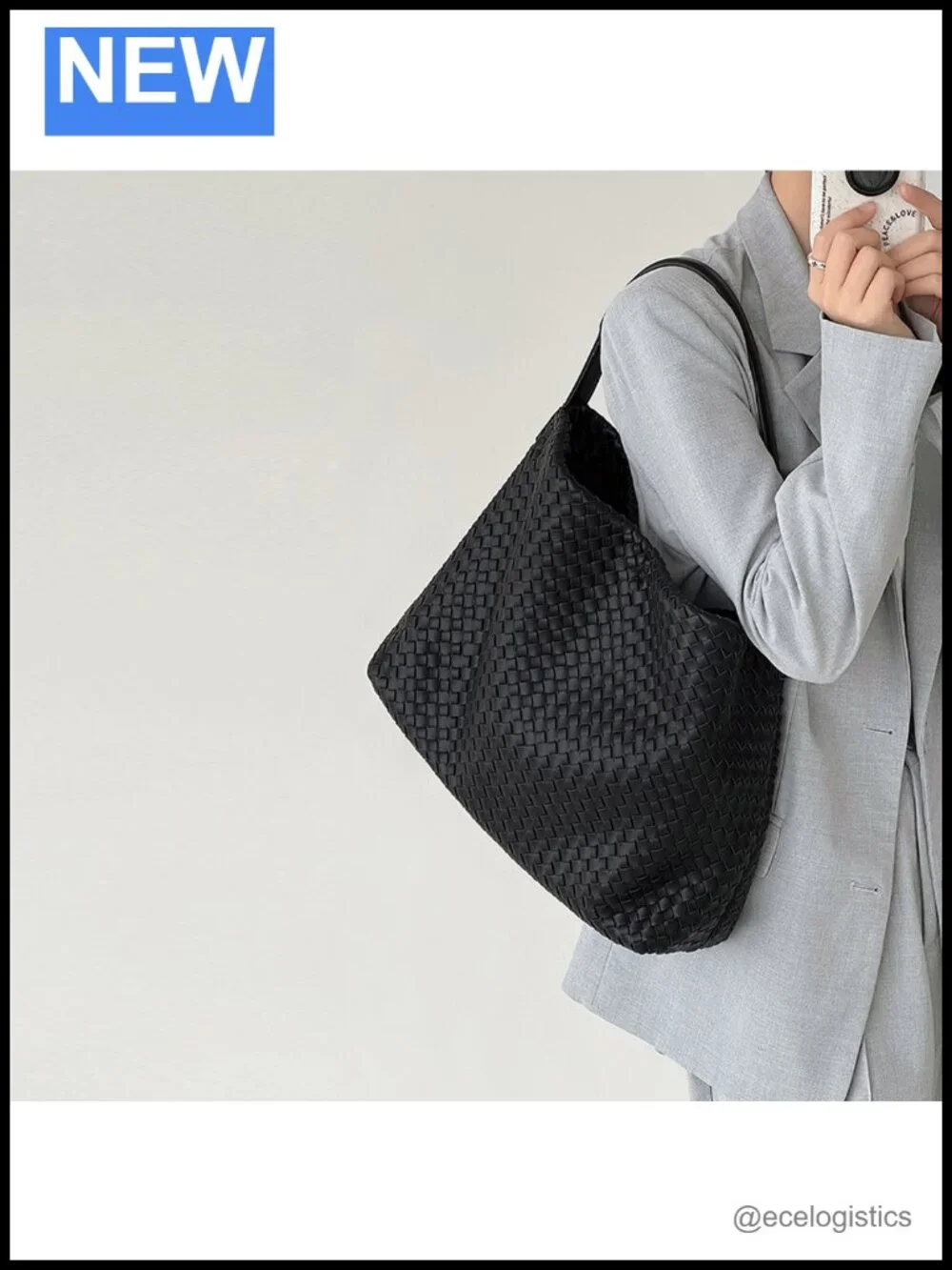 Woven Vegan Leather Hobo Tote Handbag with Clutch, Adjustable Strap